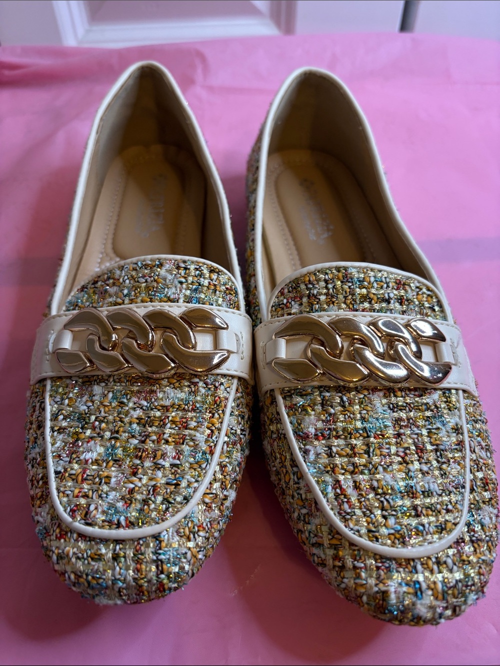 Multicolor Tweed Loafers with Beige Trim and Gold Chain